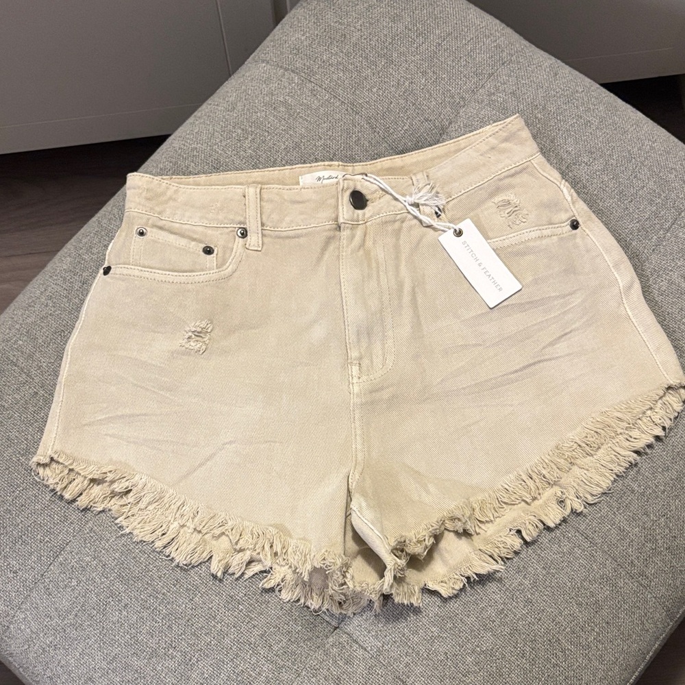 Mustard Seed Beige Frayed Hem Jean Shorts